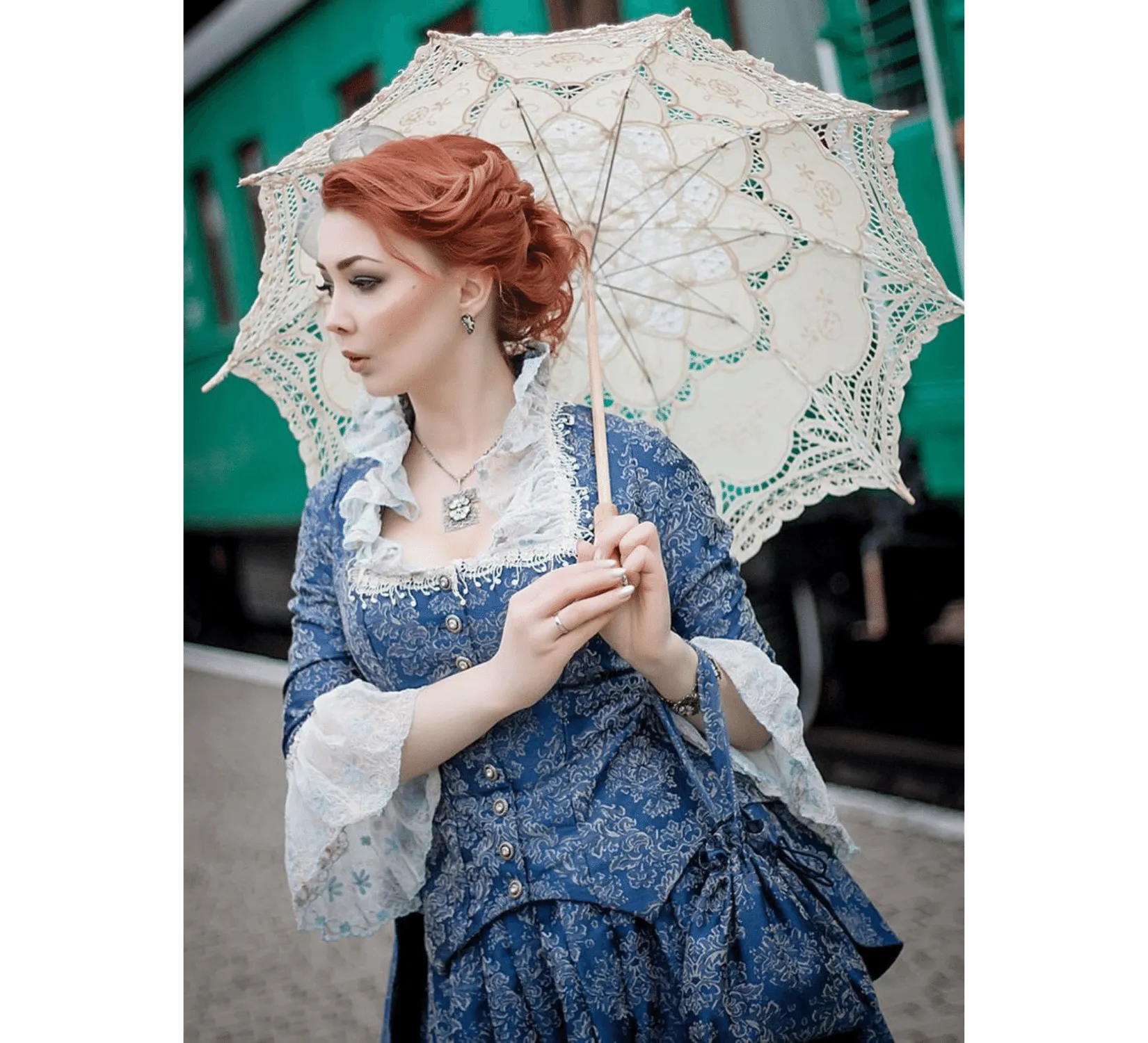 Rococo Revival blue cotton jacquard dress