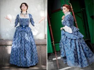 Rococo Revival blue cotton jacquard dress