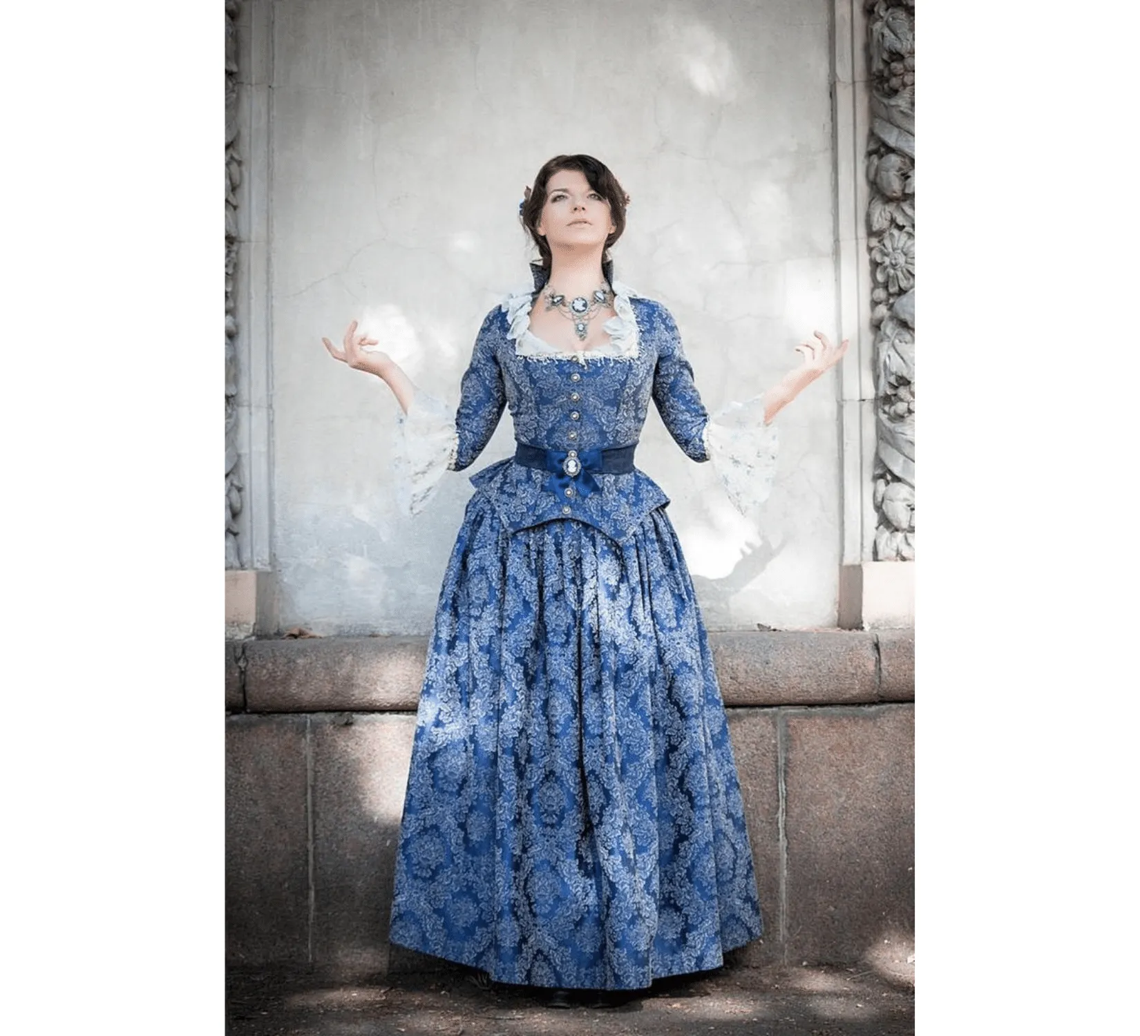 Rococo Revival blue cotton jacquard dress