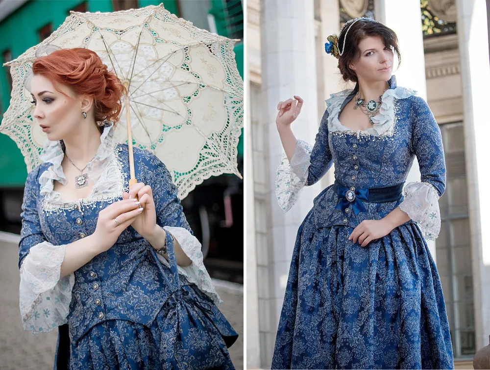 Rococo Revival blue cotton jacquard dress