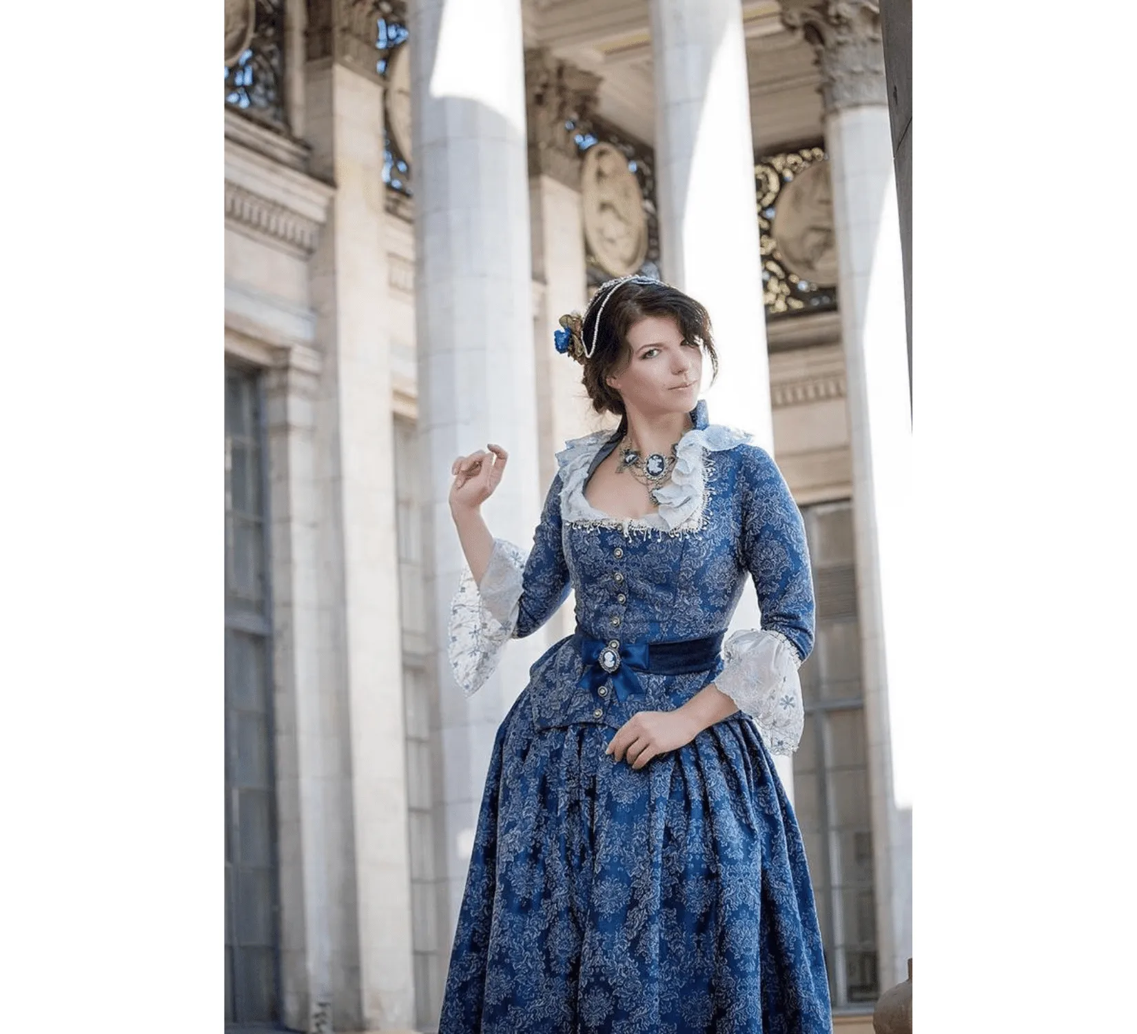 Rococo Revival blue cotton jacquard dress