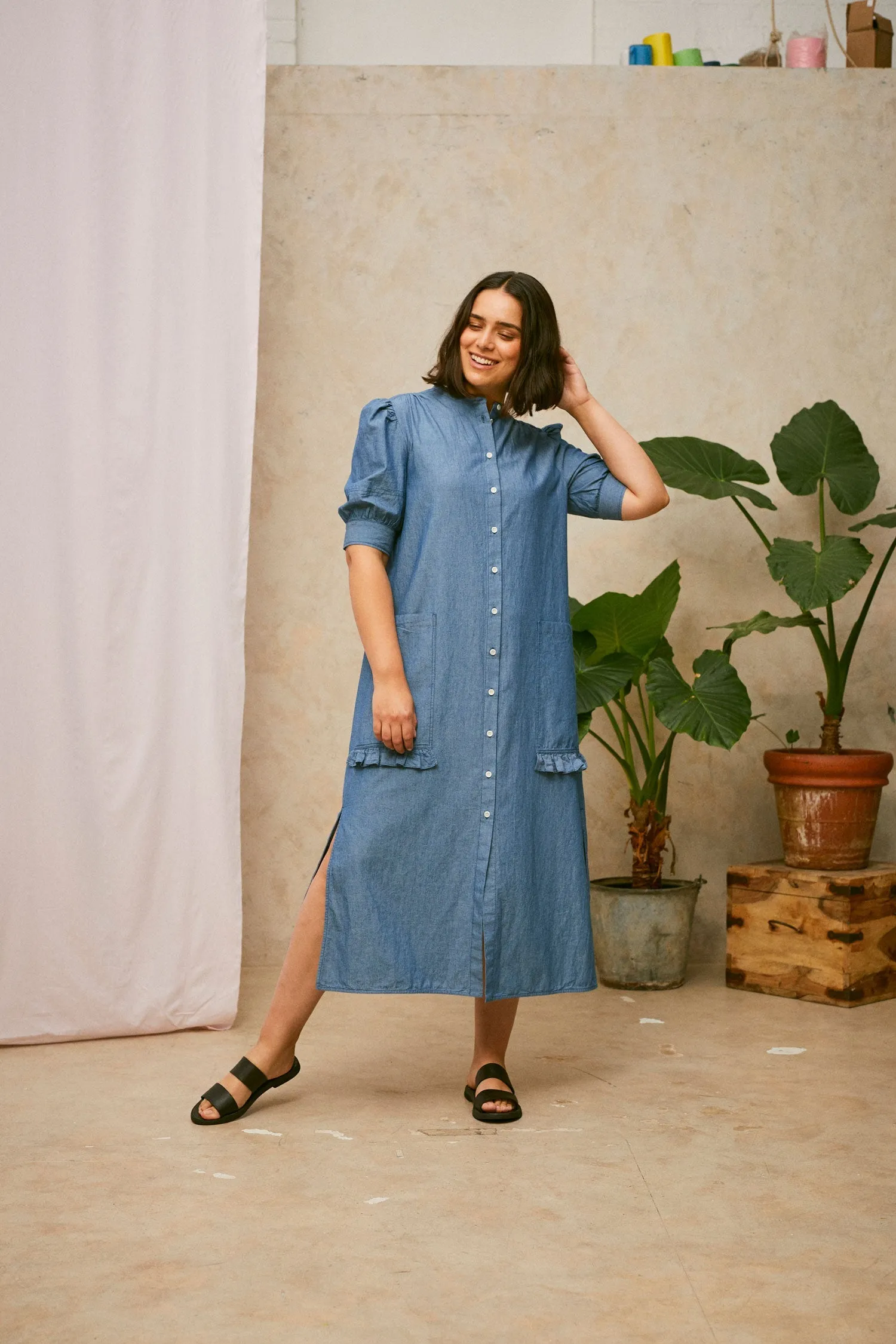 Rosa Puff Sleeve Shirtdress, Blue Light Wash Japanese Denim