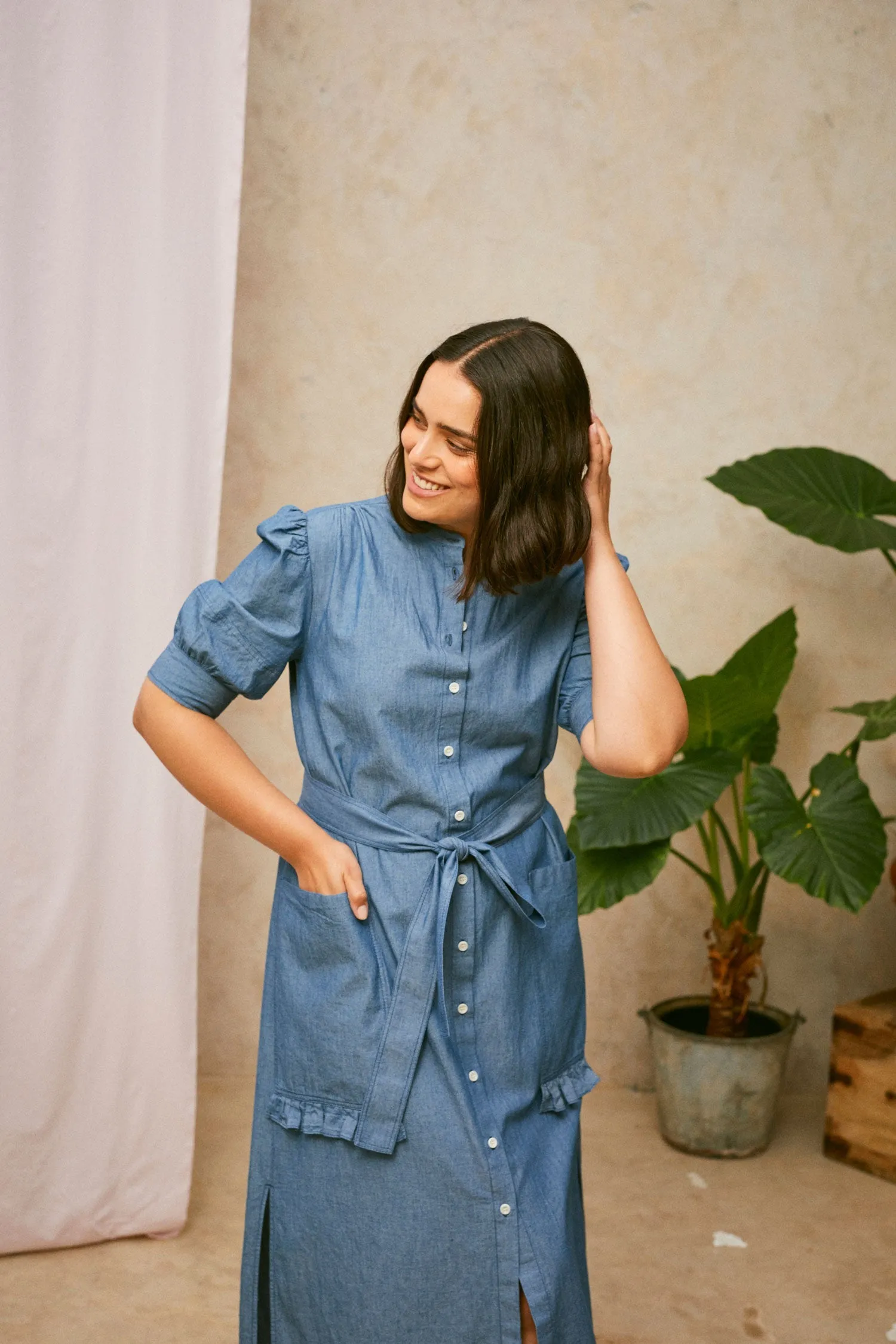 Rosa Puff Sleeve Shirtdress, Blue Light Wash Japanese Denim
