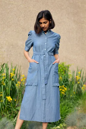Rosa Puff Sleeve Shirtdress, Blue Light Wash Japanese Denim