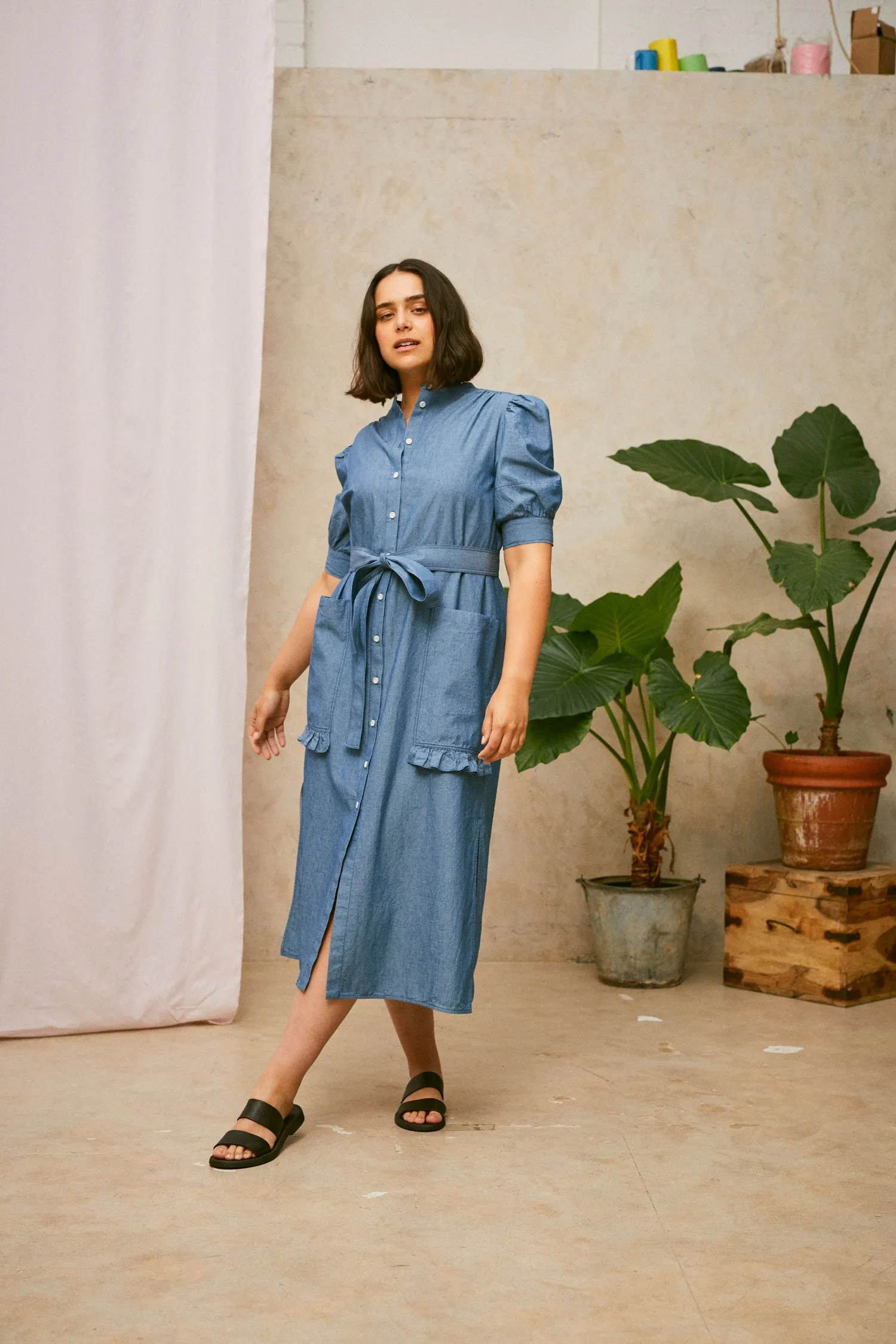 Rosa Puff Sleeve Shirtdress, Blue Light Wash Japanese Denim