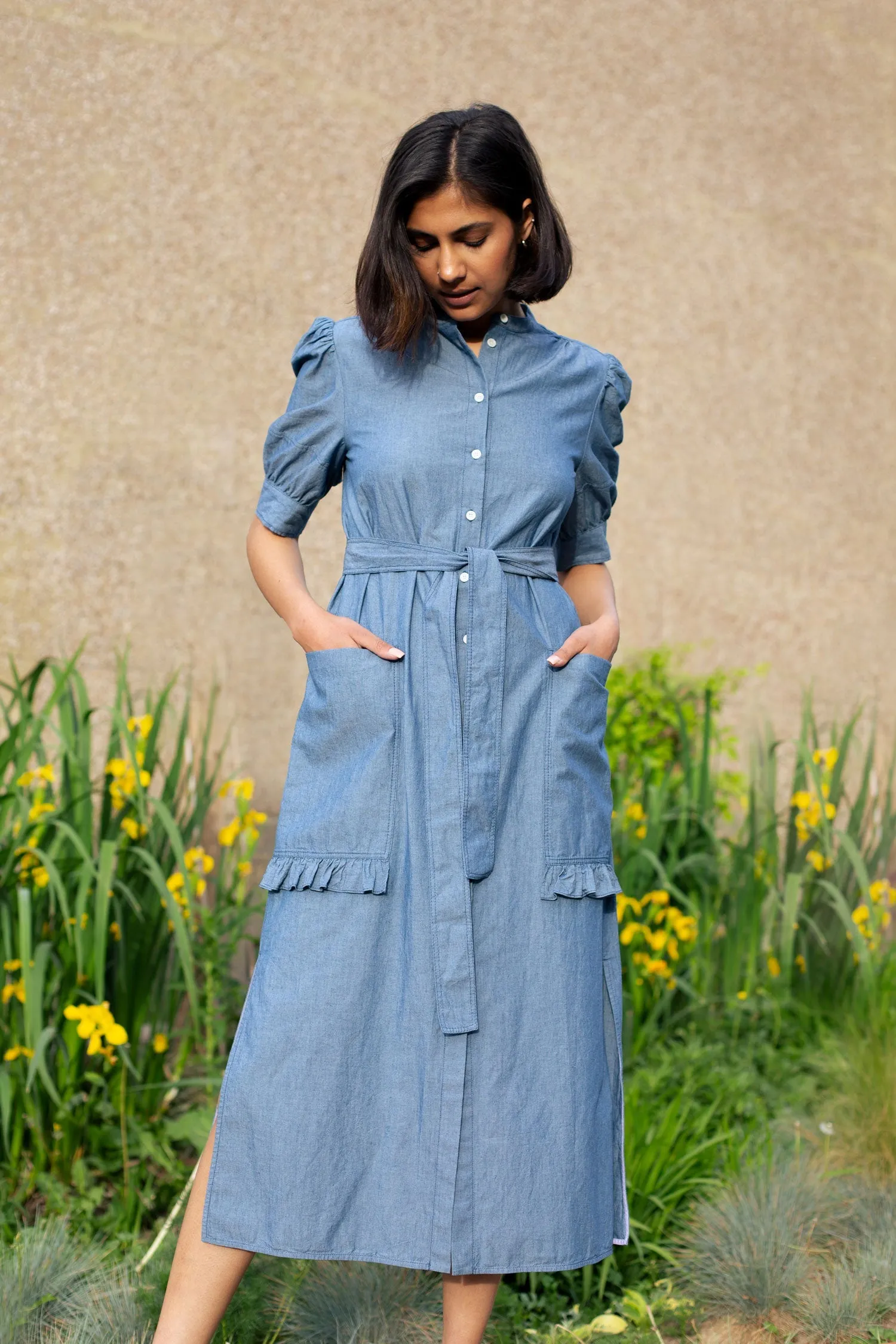 Rosa Puff Sleeve Shirtdress, Blue Light Wash Japanese Denim