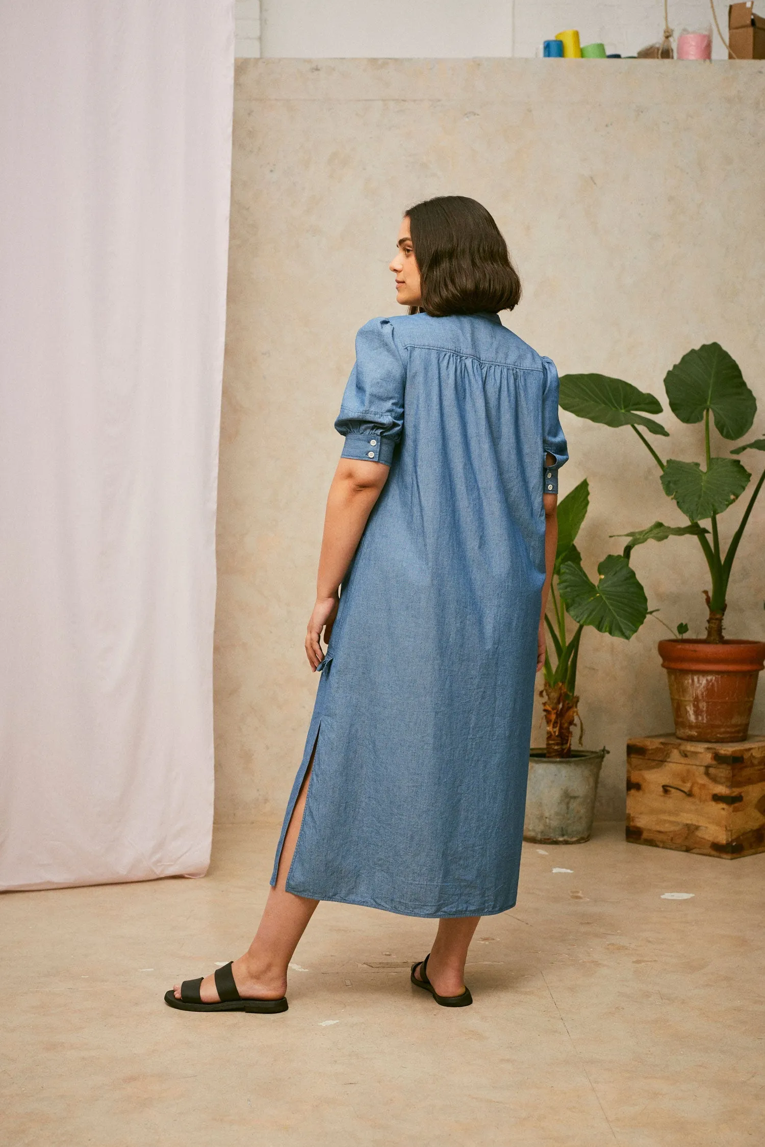 Rosa Puff Sleeve Shirtdress, Blue Light Wash Japanese Denim