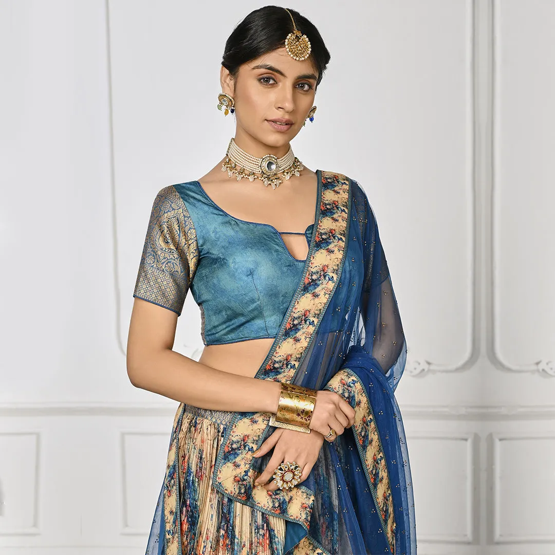 Royal Blue and Cream Brocade Lehenga Set