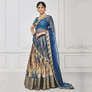 Royal Blue and Cream Brocade Lehenga Set