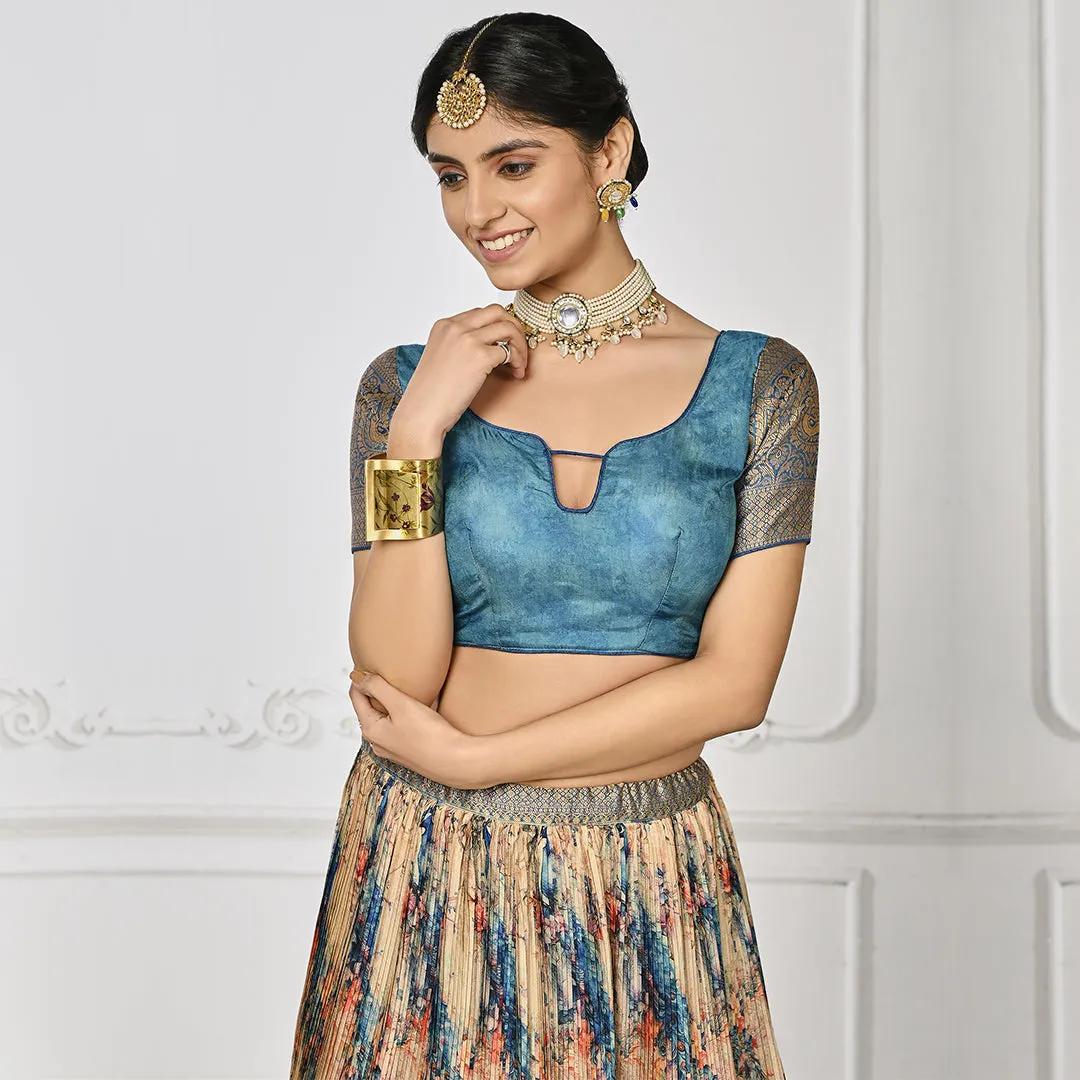 Royal Blue and Cream Brocade Lehenga Set