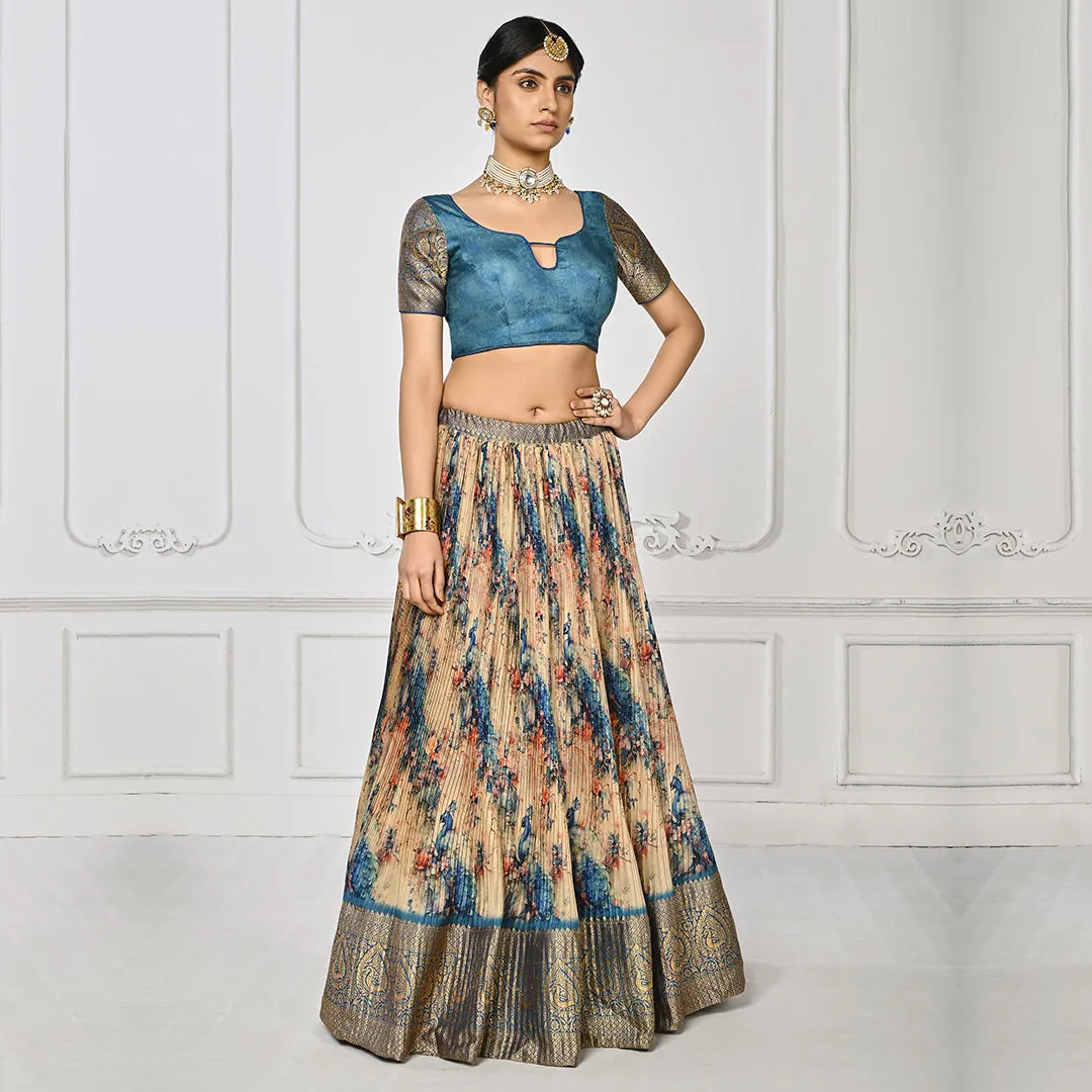 Royal Blue and Cream Brocade Lehenga Set