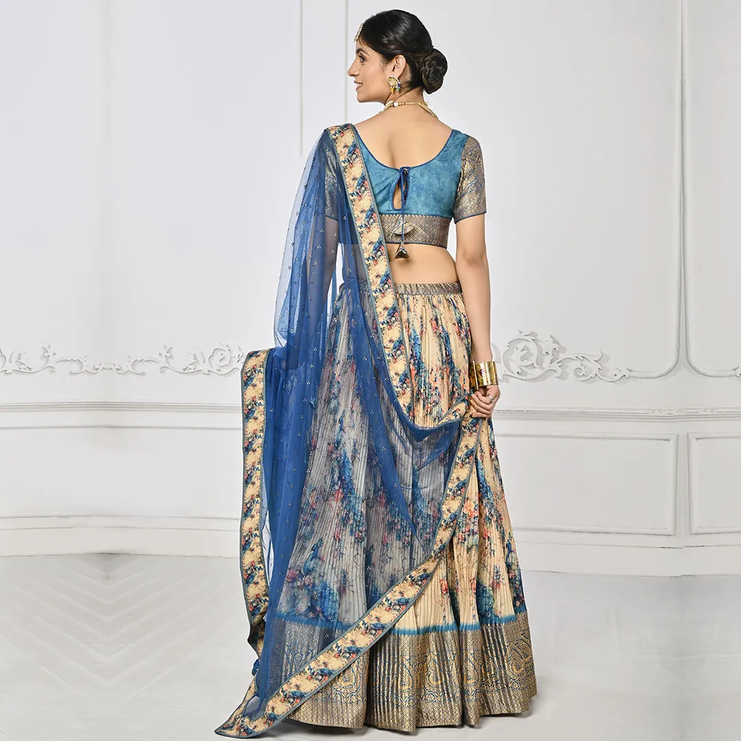 Royal Blue and Cream Brocade Lehenga Set