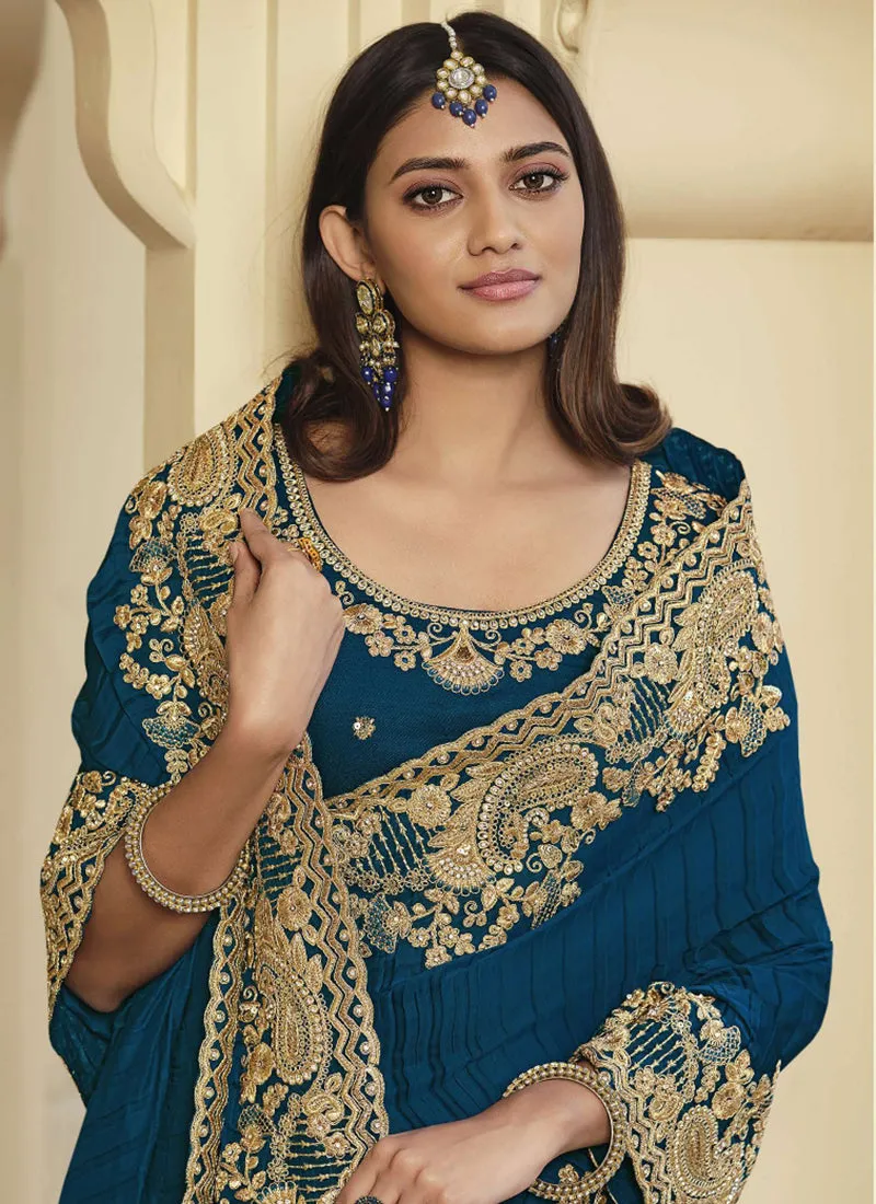 Royal Blue Embroidered Party Wear Saree
