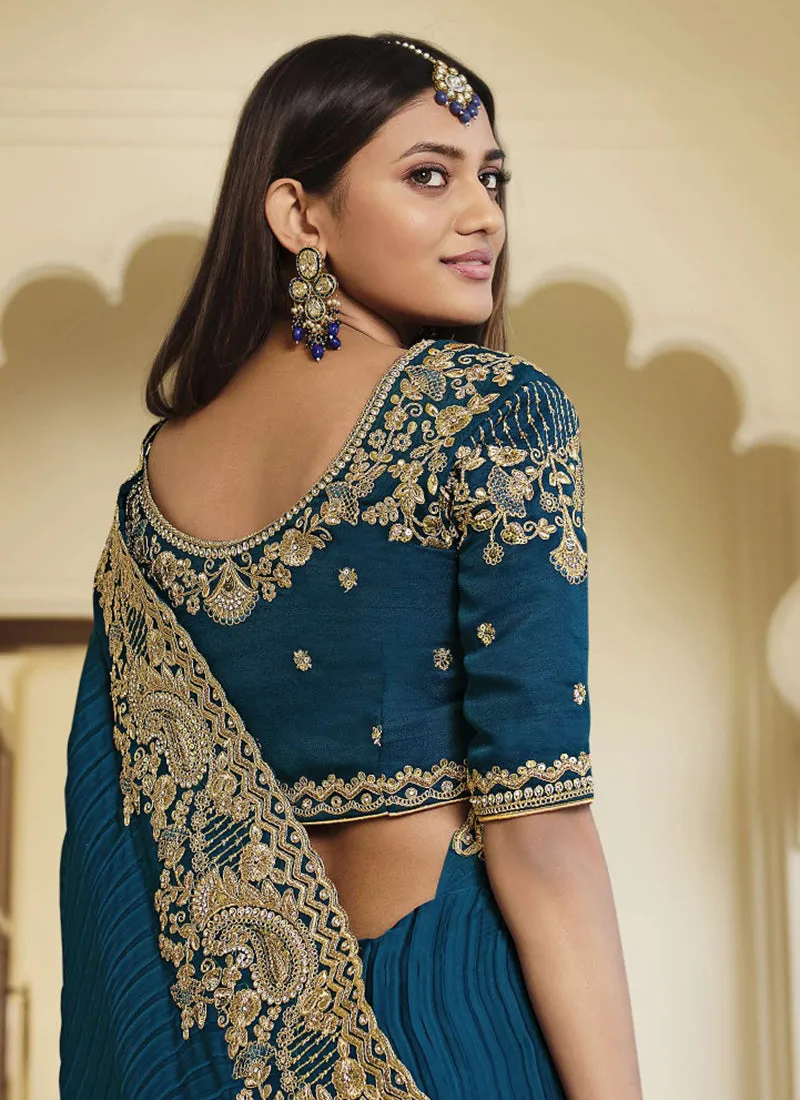 Royal Blue Embroidered Party Wear Saree