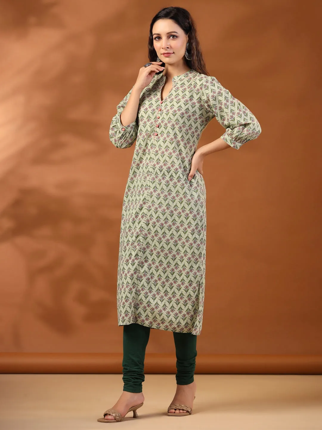 Sage Green Ethnic Mughal Buti Printed Straight Kurta