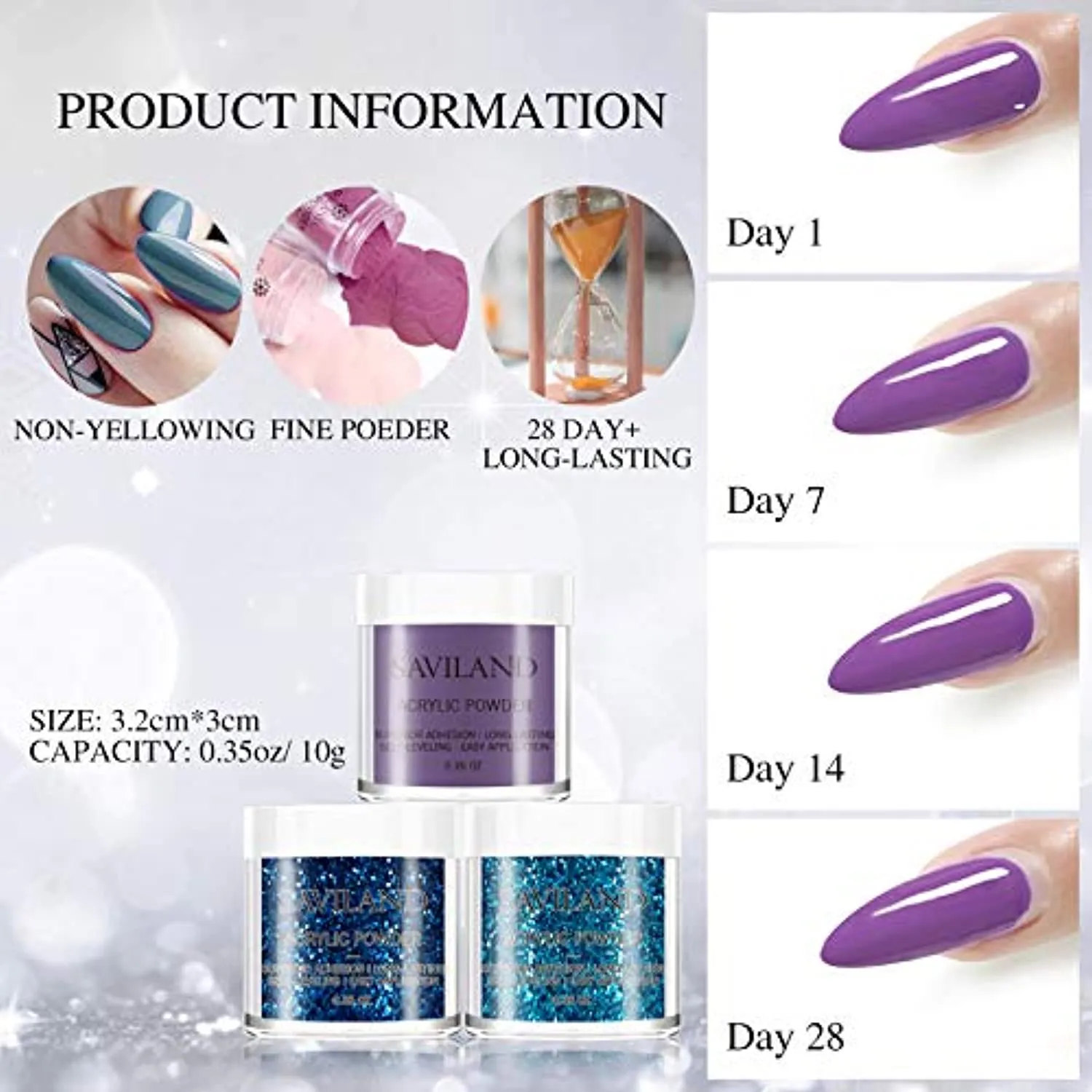 Saviland Acrylic Powder Set 20 Colors Acrylic Nail Powder Kit Nude Gray Glitter Professional Polymer Powder for Acrylic Nails Extension No Need Nail Lamp