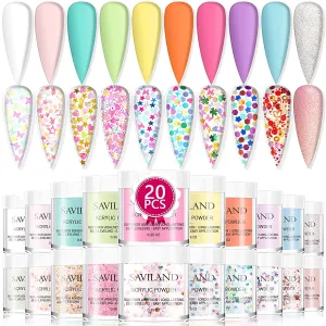 Saviland Acrylic Powder Set 20 Colors Acrylic Nail Powder Kit Nude Gray Glitter Professional Polymer Powder for Acrylic Nails Extension No Need Nail Lamp