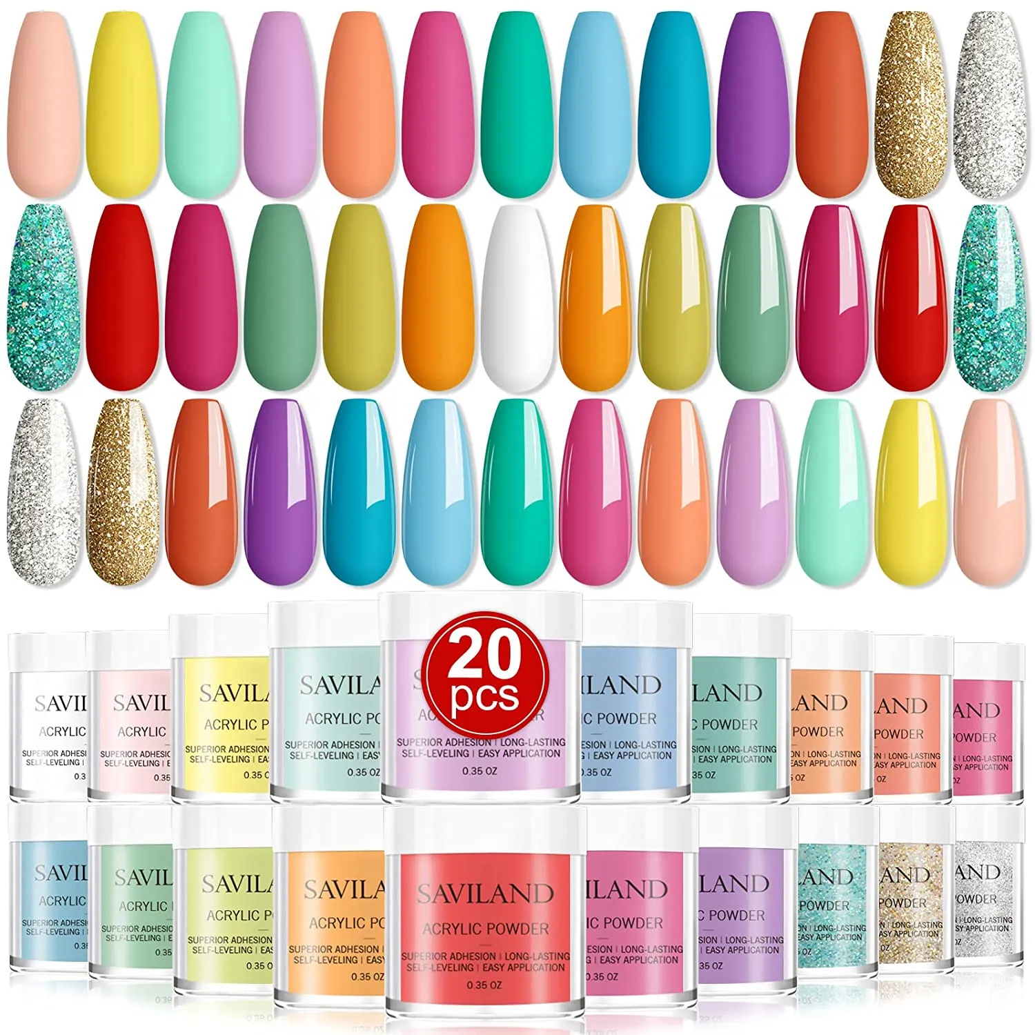 Saviland Acrylic Powder Set 20 Colors Acrylic Nail Powder Kit Nude Gray Glitter Professional Polymer Powder for Acrylic Nails Extension No Need Nail Lamp