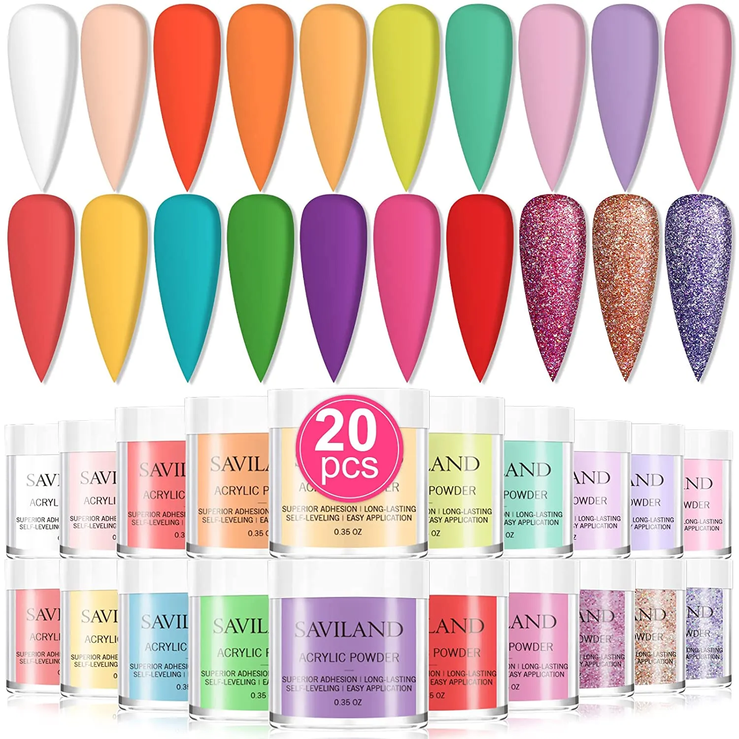Saviland Acrylic Powder Set 20 Colors Acrylic Nail Powder Kit Nude Gray Glitter Professional Polymer Powder for Acrylic Nails Extension No Need Nail Lamp