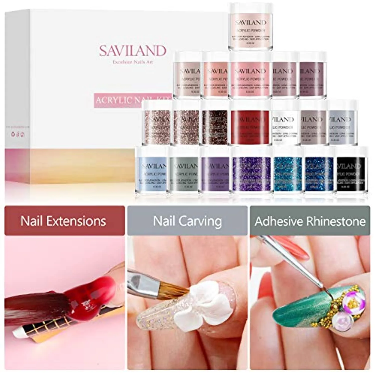 Saviland Acrylic Powder Set 20 Colors Acrylic Nail Powder Kit Nude Gray Glitter Professional Polymer Powder for Acrylic Nails Extension No Need Nail Lamp