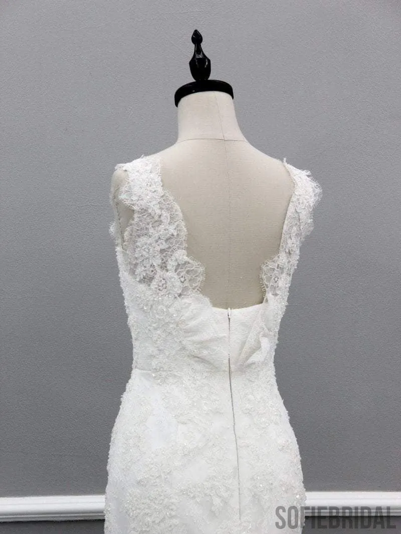Scoop Illusion Long Mermaid Lace Tulle Wedding Dresses, Sleeveless Cheap Bridal Gown, WD0239
