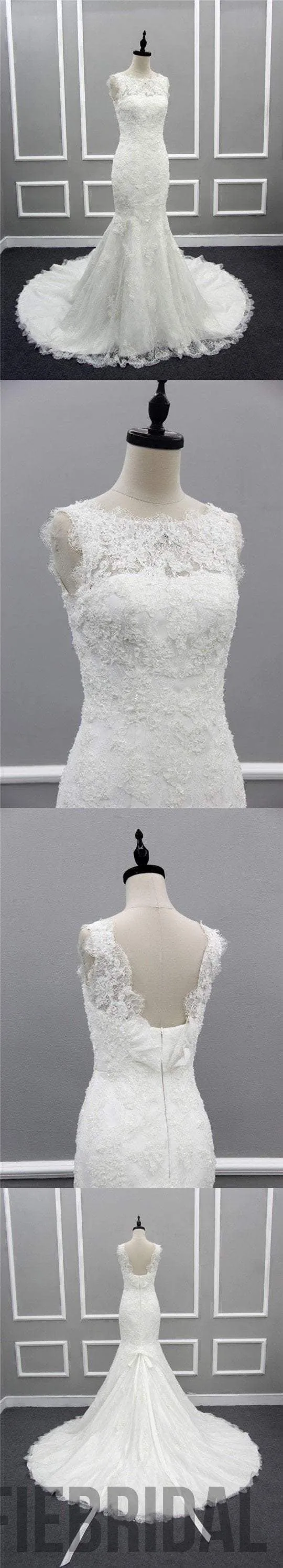 Scoop Illusion Long Mermaid Lace Tulle Wedding Dresses, Sleeveless Cheap Bridal Gown, WD0239