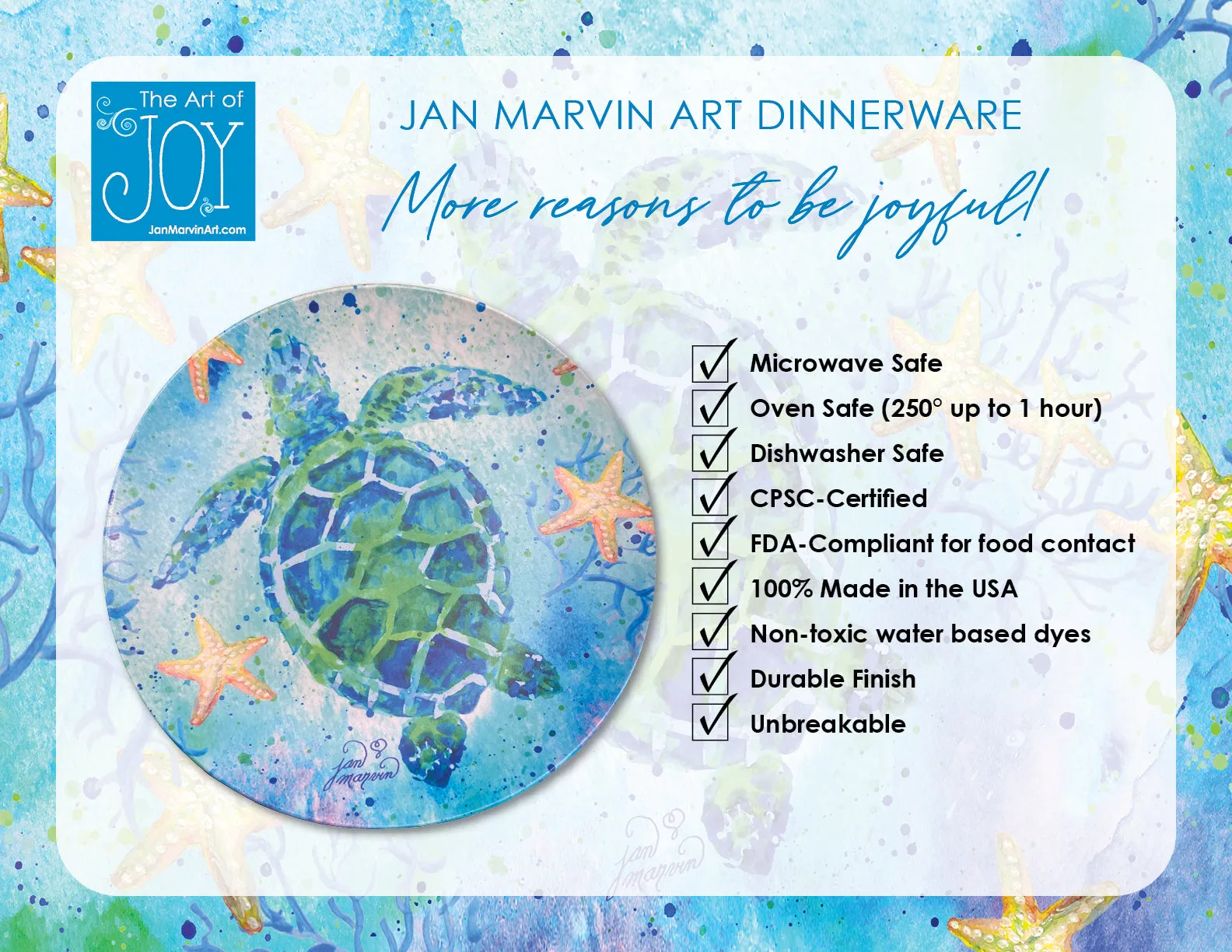 Sea Turtle Starfish Art Plate, Unbreakable, Microwave Safe, Dishwasher Safe, BPA free, No Harmful Chemicals, No Melamine, Beach, Dish