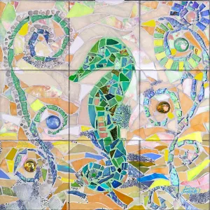Seahorse Mosaic Tile Mural, GREEN, High Quality (won't fade), Indoor or Outdoor, Wall Tiles, Backsplash, Shower, Mosaic