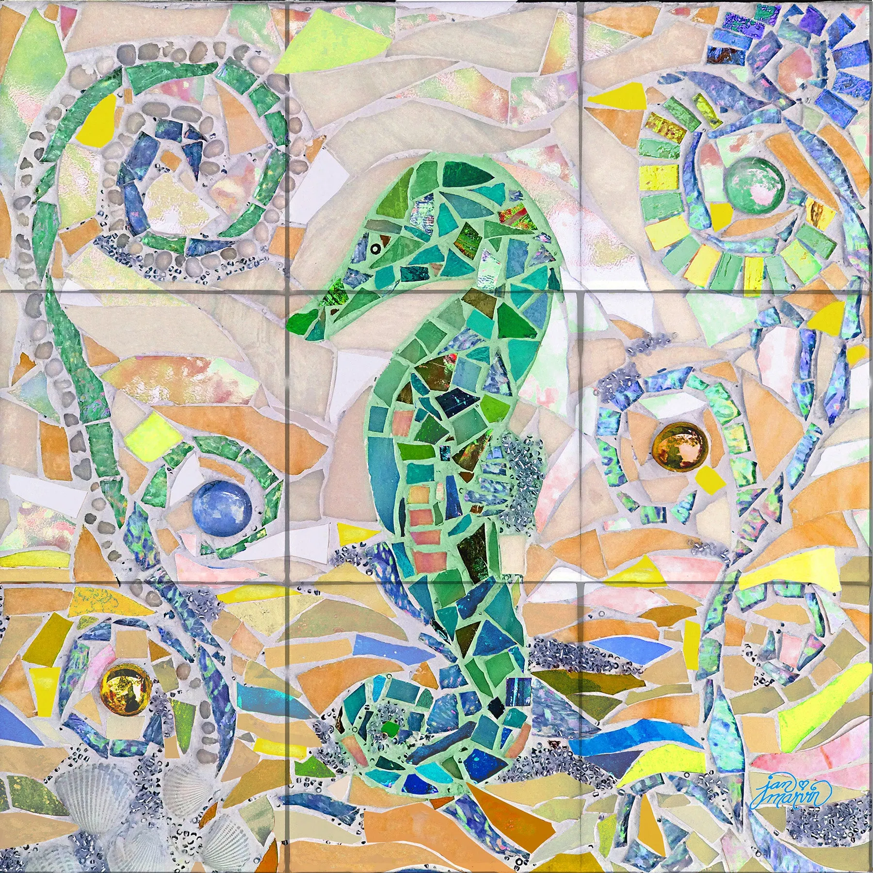 Seahorse Mosaic Tile Mural, GREEN, High Quality (won't fade), Indoor or Outdoor, Wall Tiles, Backsplash, Shower, Mosaic