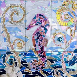 Seahorse Mosaic Tile Mural, High Quality (won't fade), Indoor or Outdoor, Beach Wall Tiles, Backsplash, Shower, Mosaic