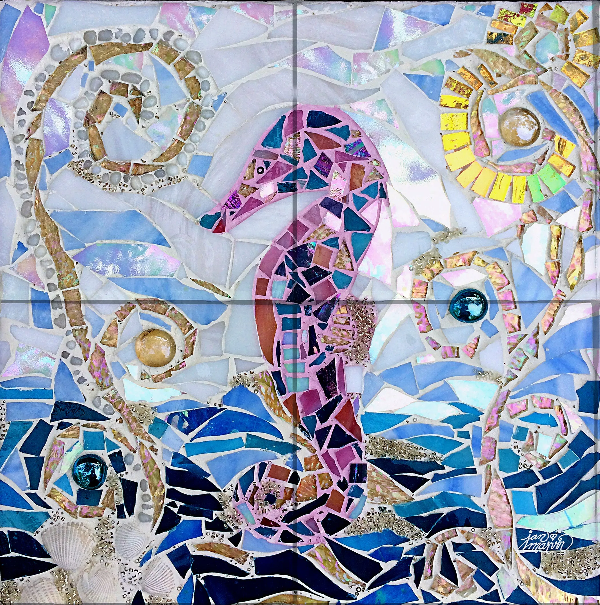Seahorse Mosaic Tile Mural, High Quality (won't fade), Indoor or Outdoor, Beach Wall Tiles, Backsplash, Shower, Mosaic
