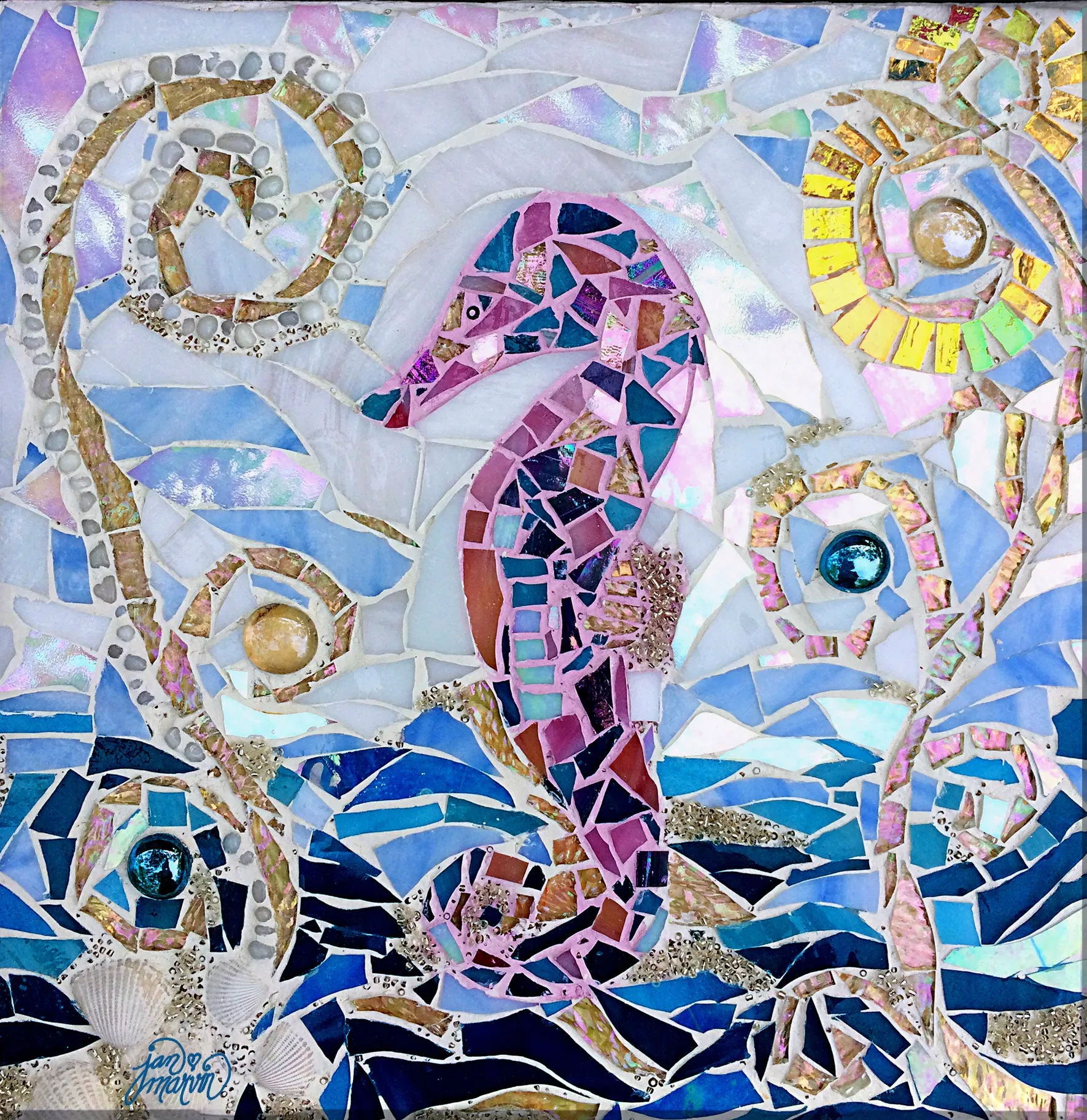 Seahorse Mosaic Tile Mural, High Quality (won't fade), Indoor or Outdoor, Beach Wall Tiles, Backsplash, Shower, Mosaic