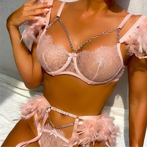 Sexy Rave Festival Pink Floral Lace Feather Chain Garter 3 Piece Lingerie Set