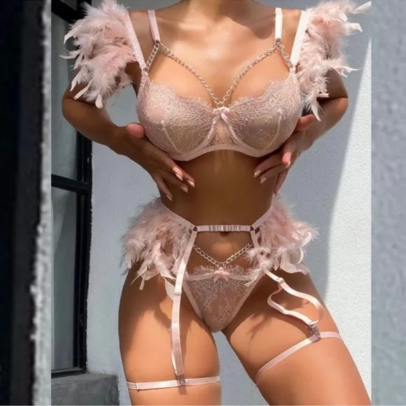 Sexy Rave Festival Pink Floral Lace Feather Chain Garter 3 Piece Lingerie Set