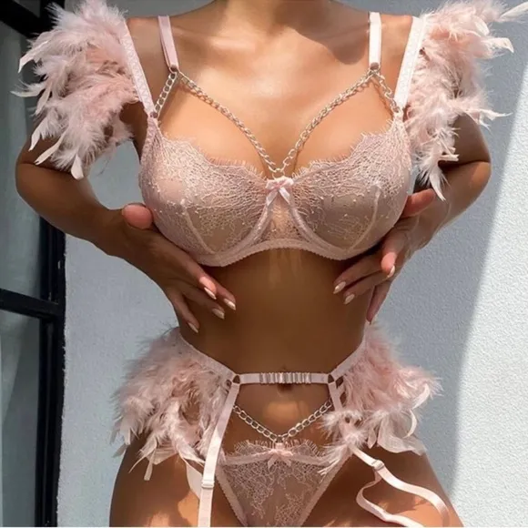Sexy Rave Festival Pink Floral Lace Feather Chain Garter 3 Piece Lingerie Set