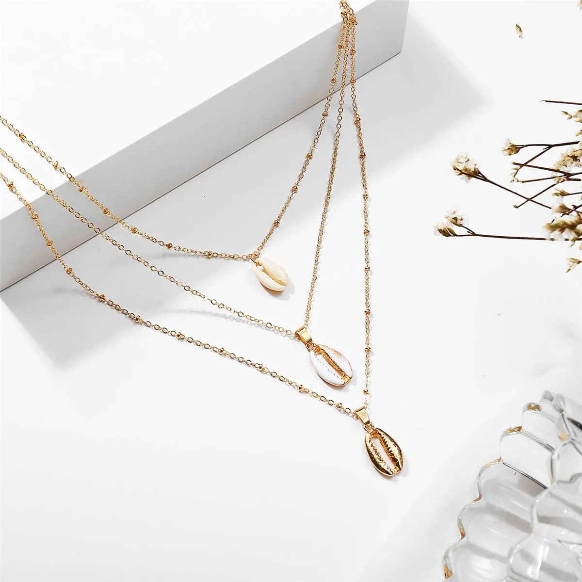 Shell & Enamel 18K Gold-Plated Triple Layered Pendant Necklace