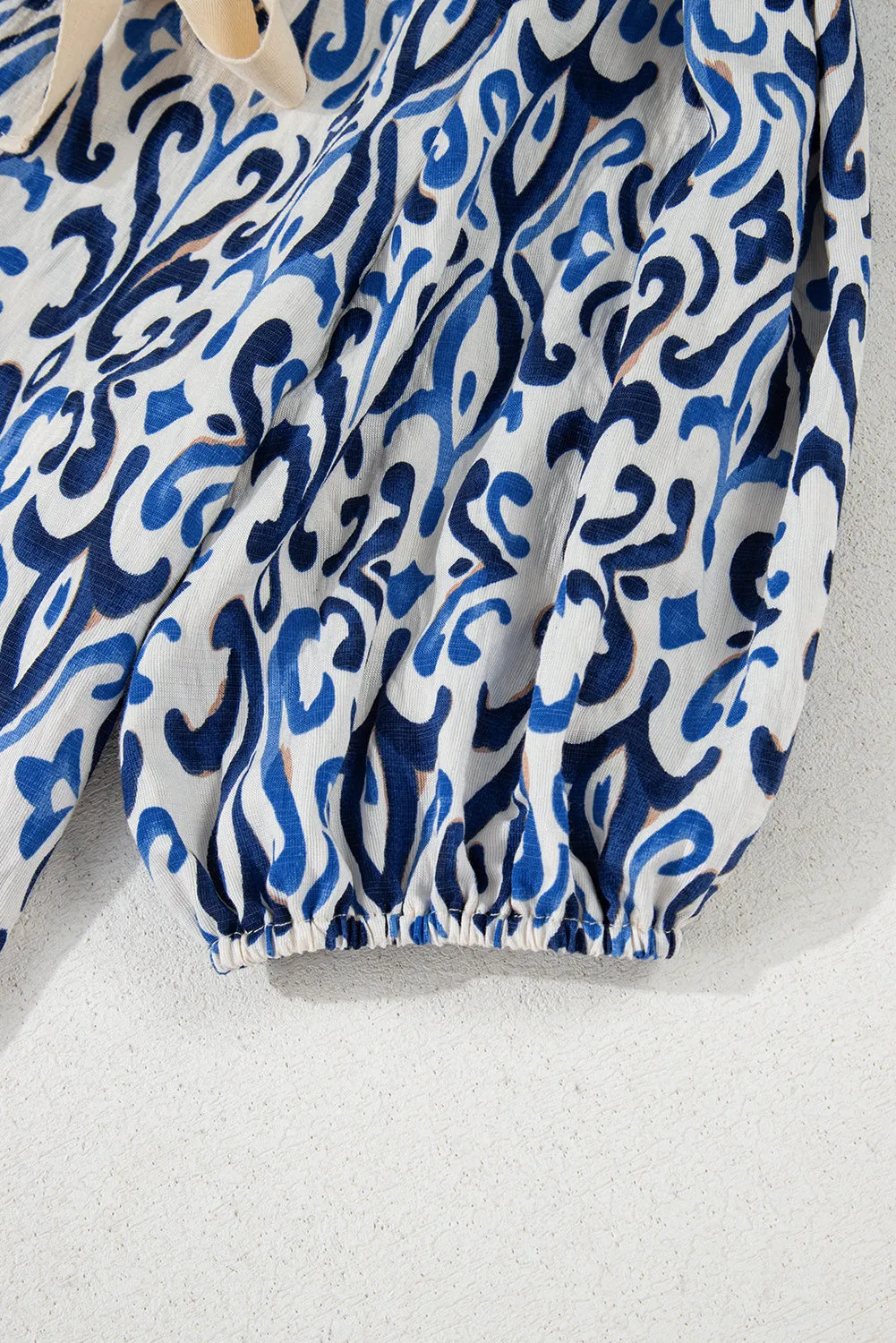 Sky Blue Ethnic Geometric Print Bubble Sleeve Bow Front Blouse