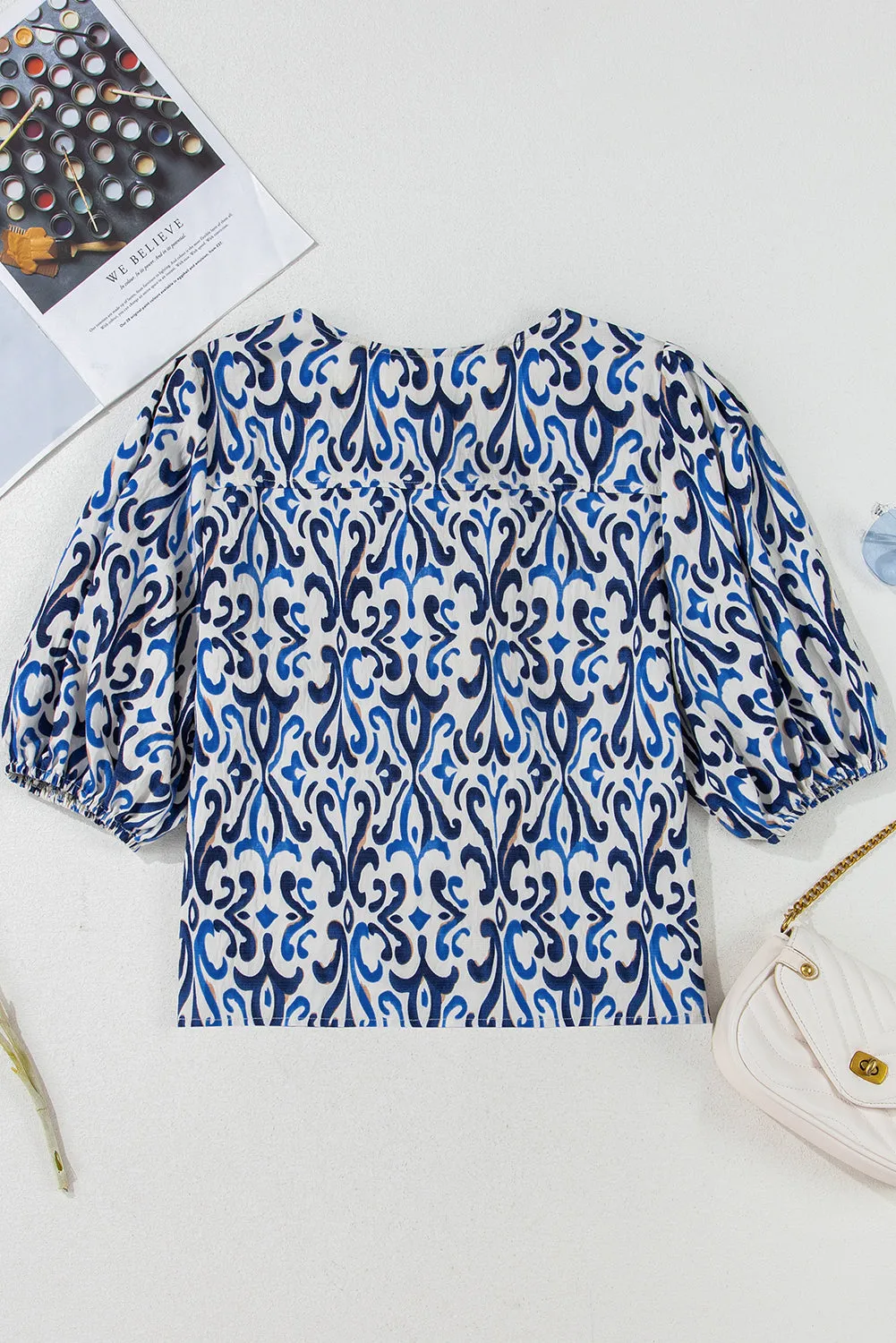 Sky Blue Ethnic Geometric Print Bubble Sleeve Bow Front Blouse