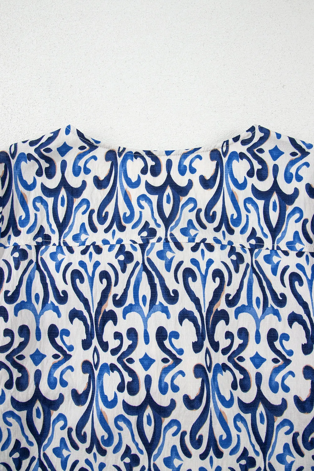 Sky Blue Ethnic Geometric Print Bubble Sleeve Bow Front Blouse