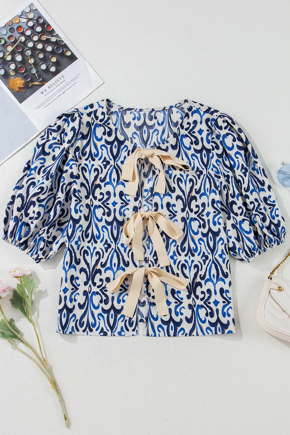 Sky Blue Ethnic Geometric Print Bubble Sleeve Bow Front Blouse