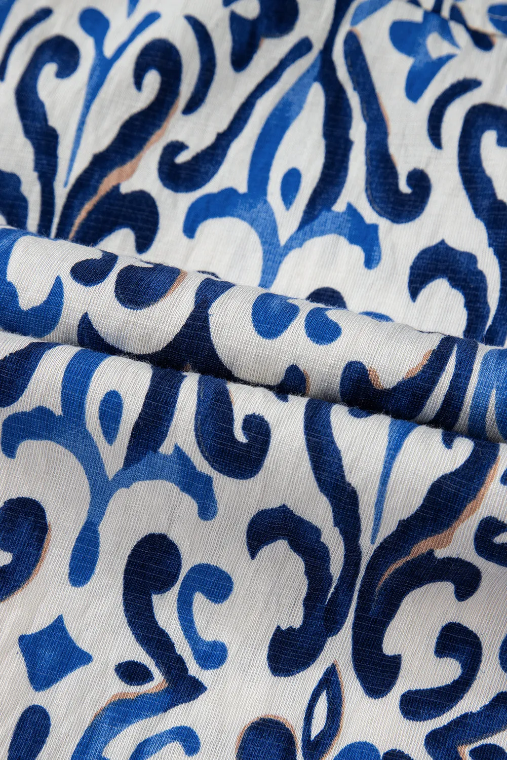 Sky Blue Ethnic Geometric Print Bubble Sleeve Bow Front Blouse