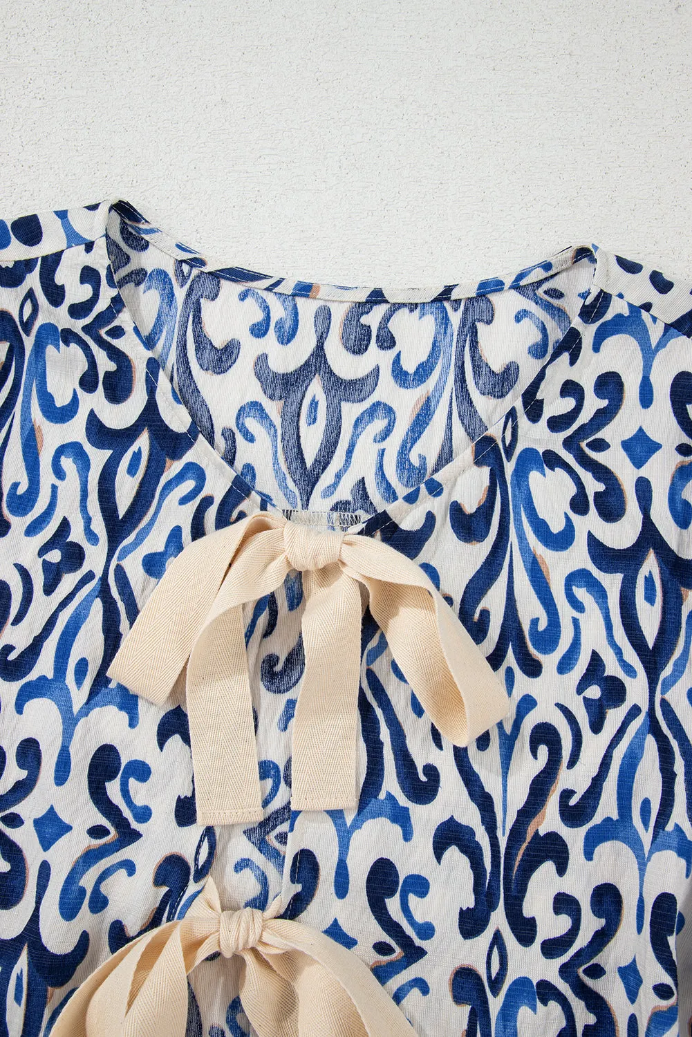 Sky Blue Ethnic Geometric Print Bubble Sleeve Bow Front Blouse