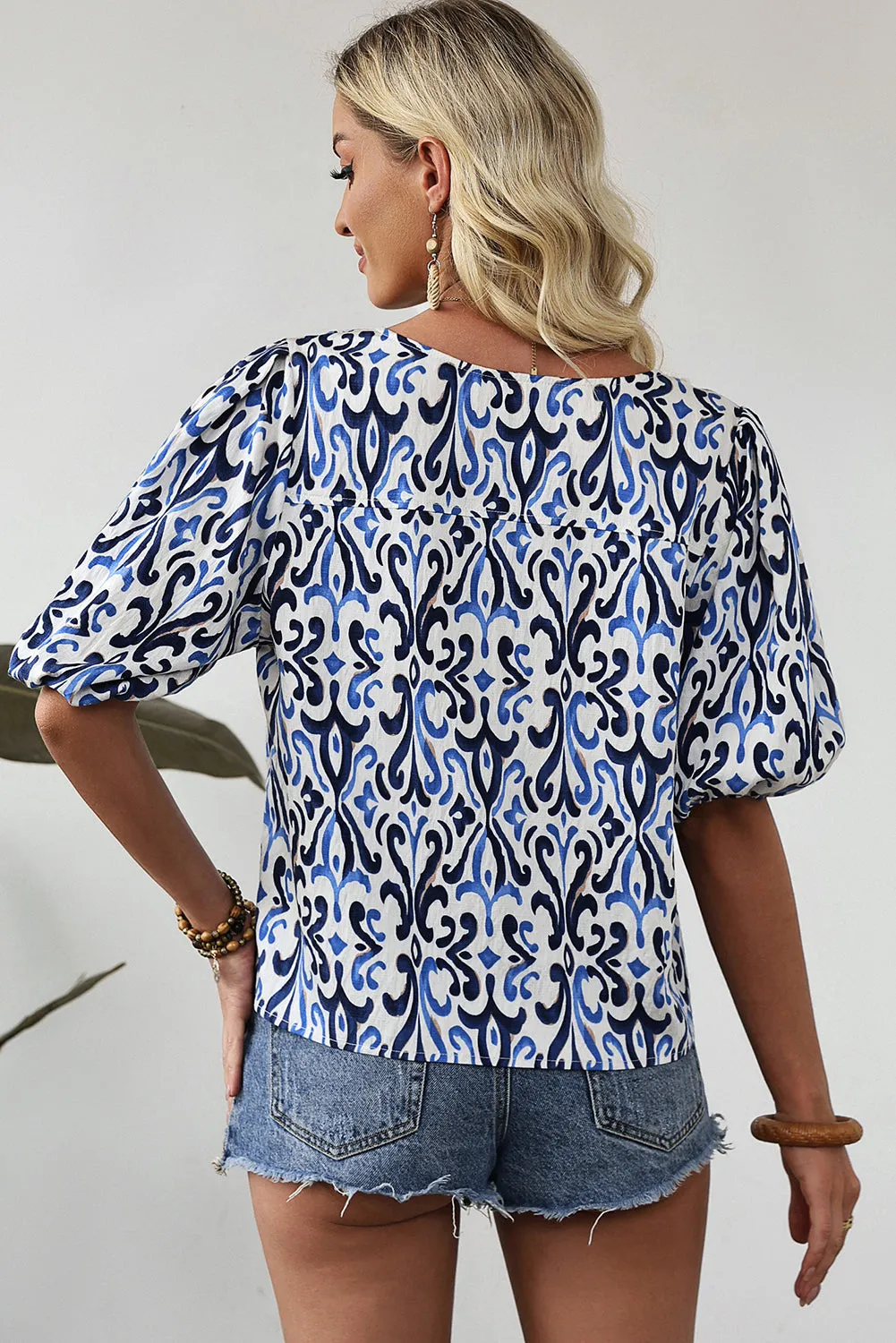 Sky Blue Ethnic Geometric Print Bubble Sleeve Bow Front Blouse