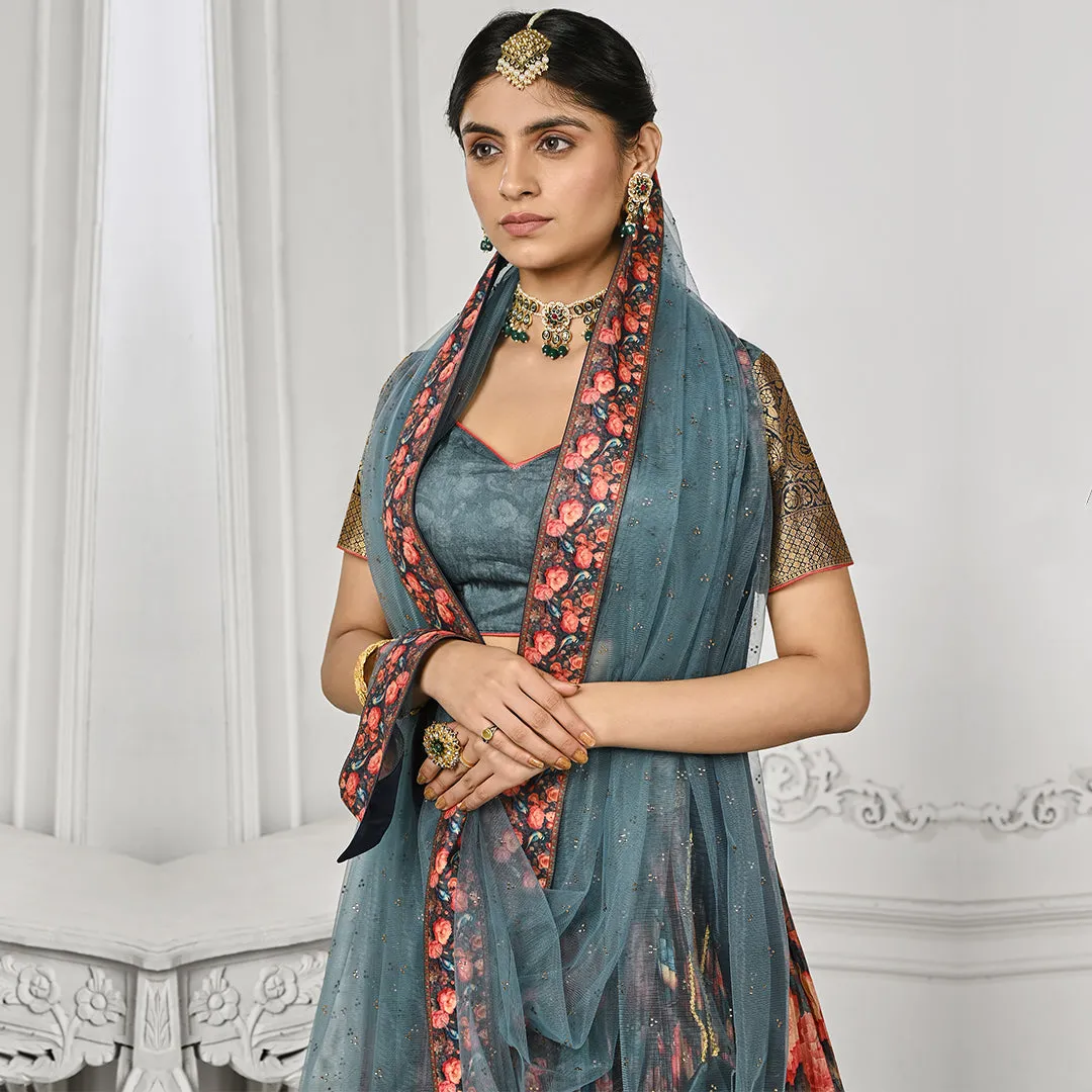 Slate Grey Floral Motifs Pleated Lehenga Set