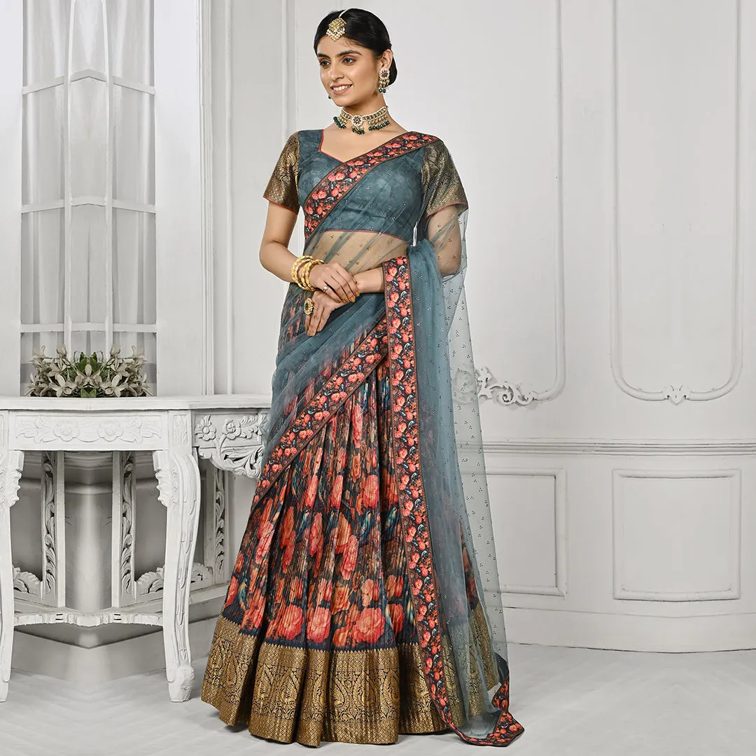 Slate Grey Floral Motifs Pleated Lehenga Set