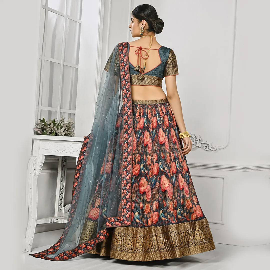 Slate Grey Floral Motifs Pleated Lehenga Set