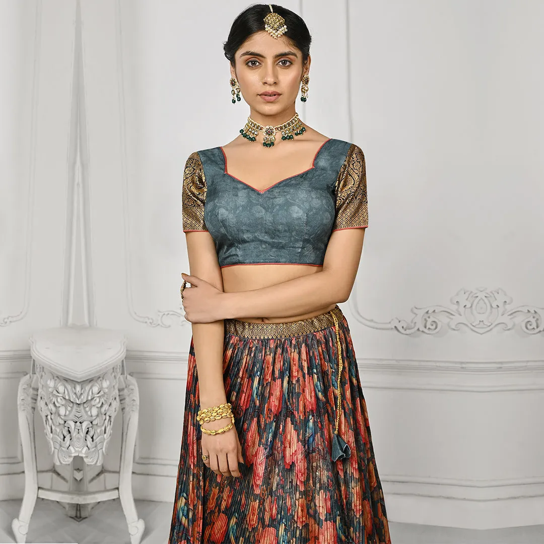 Slate Grey Floral Motifs Pleated Lehenga Set