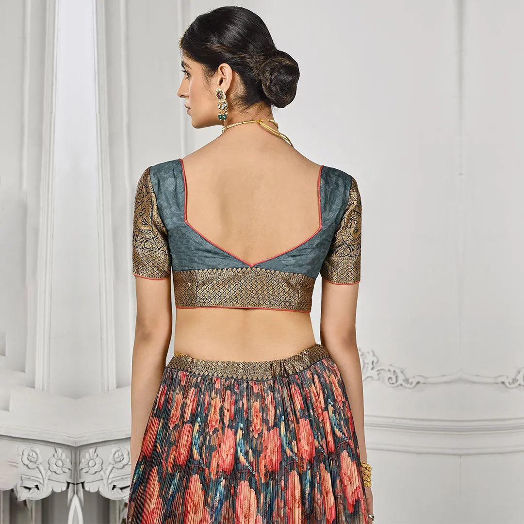 Slate Grey Floral Motifs Pleated Lehenga Set