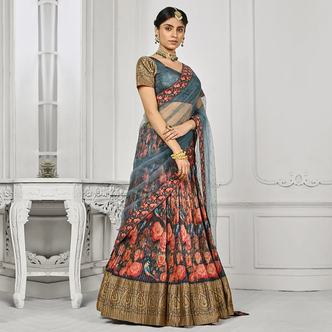 Slate Grey Floral Motifs Pleated Lehenga Set