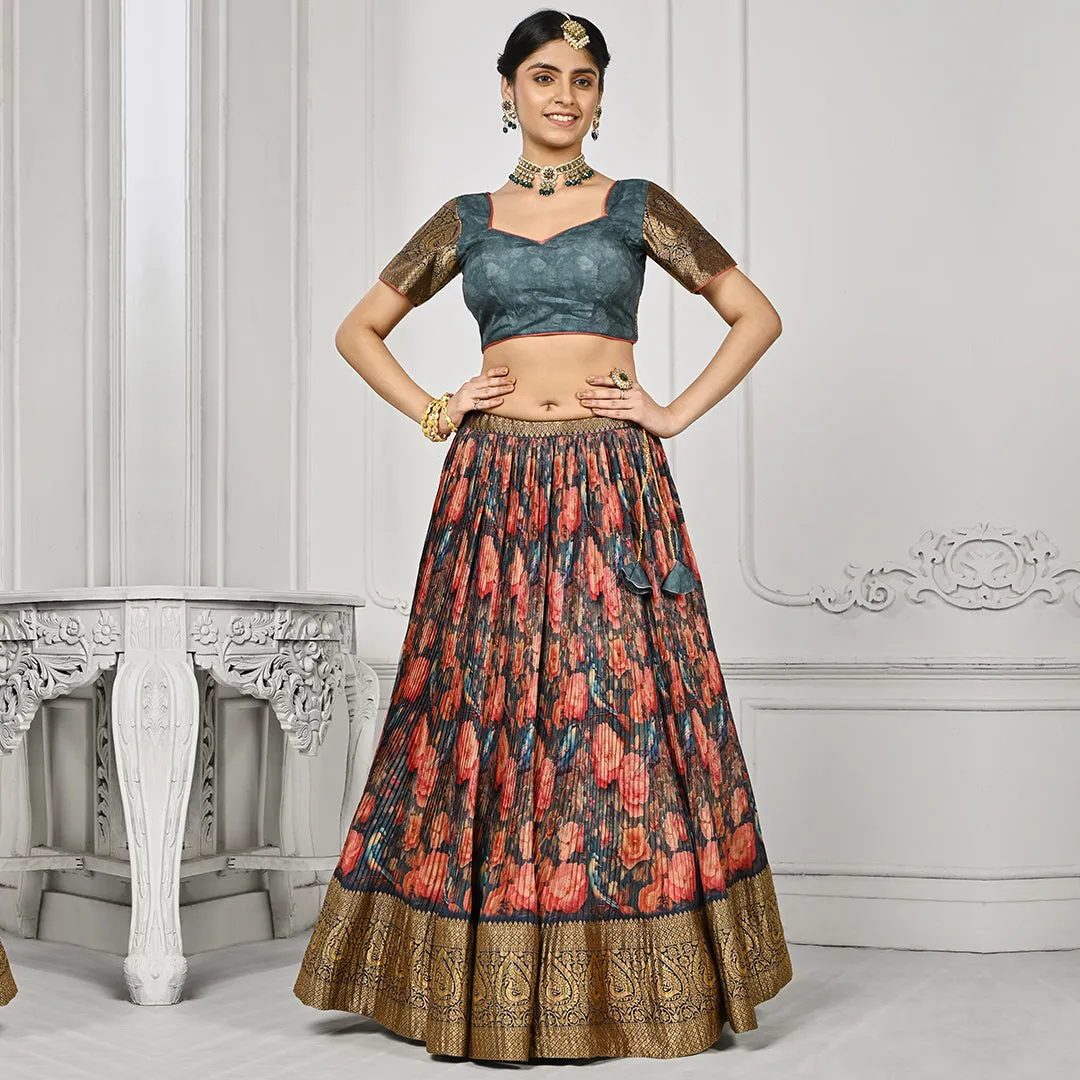 Slate Grey Floral Motifs Pleated Lehenga Set